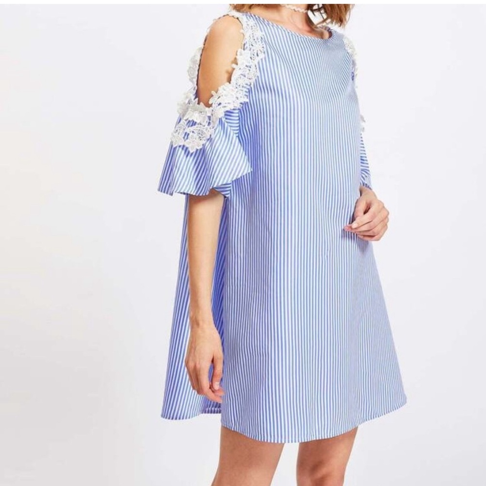 J.O.A. Blue/white stripped knee length embroidered lace cold shoulder dress